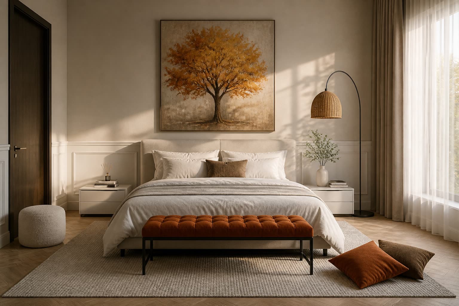 A Private Estate in Mukono — A private residence in Mukono composed around rest. Afternoon sun, herringbone timber and a restrained palette of cream, oak and burnt orange settle the bedrooms; a dressing room of fluted glass and custom joinery is built as a piece of furniture rather than a cupboard.